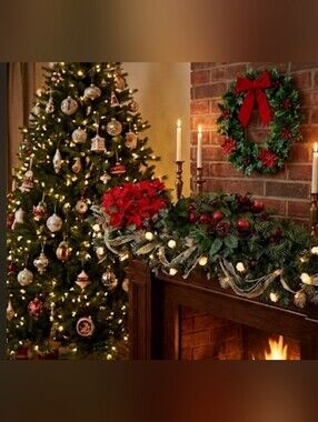 Vintage Set of 3 Christmas Holiday Artificial Poinsettias & Wreath w/ Bow Decor